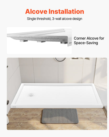 Shower Pan, 60″ L x 36″ W Single Threshold Shower Base, Rectangle Acrylic & PVC Showering Base in White, Slip-Resistant Showering Pan Bases with Drain & Cover for Bathroom, Left Drain Location