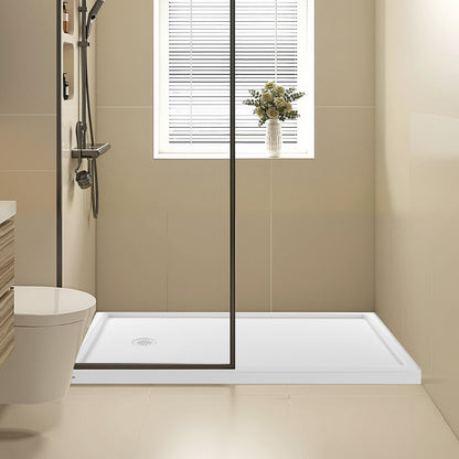 Shower Pan, 60″ L x 36″ W Single Threshold Shower Base, Rectangle Acrylic & PVC Showering Base in White, Slip-Resistant Showering Pan Bases with Drain & Cover for Bathroom, Left Drain Location