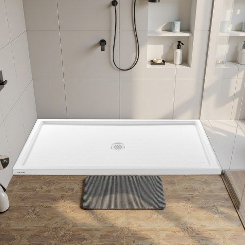 Shower Pan, 60″ L x 36″ W Single Threshold Shower Base, Rectangle Acrylic & PVC Showering Base in White, Slip-Resistant Showering Pan Bases with Drain & Cover for Bathroom, Center Drain Location