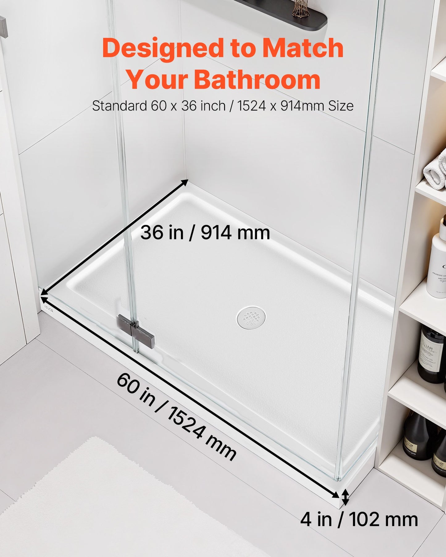 Shower Pan, 60″ L x 36″ W Single Threshold Shower Base, Rectangle Acrylic & PVC Showering Base in White, Slip-Resistant Showering Pan Bases with Drain & Cover for Bathroom, Center Drain Location