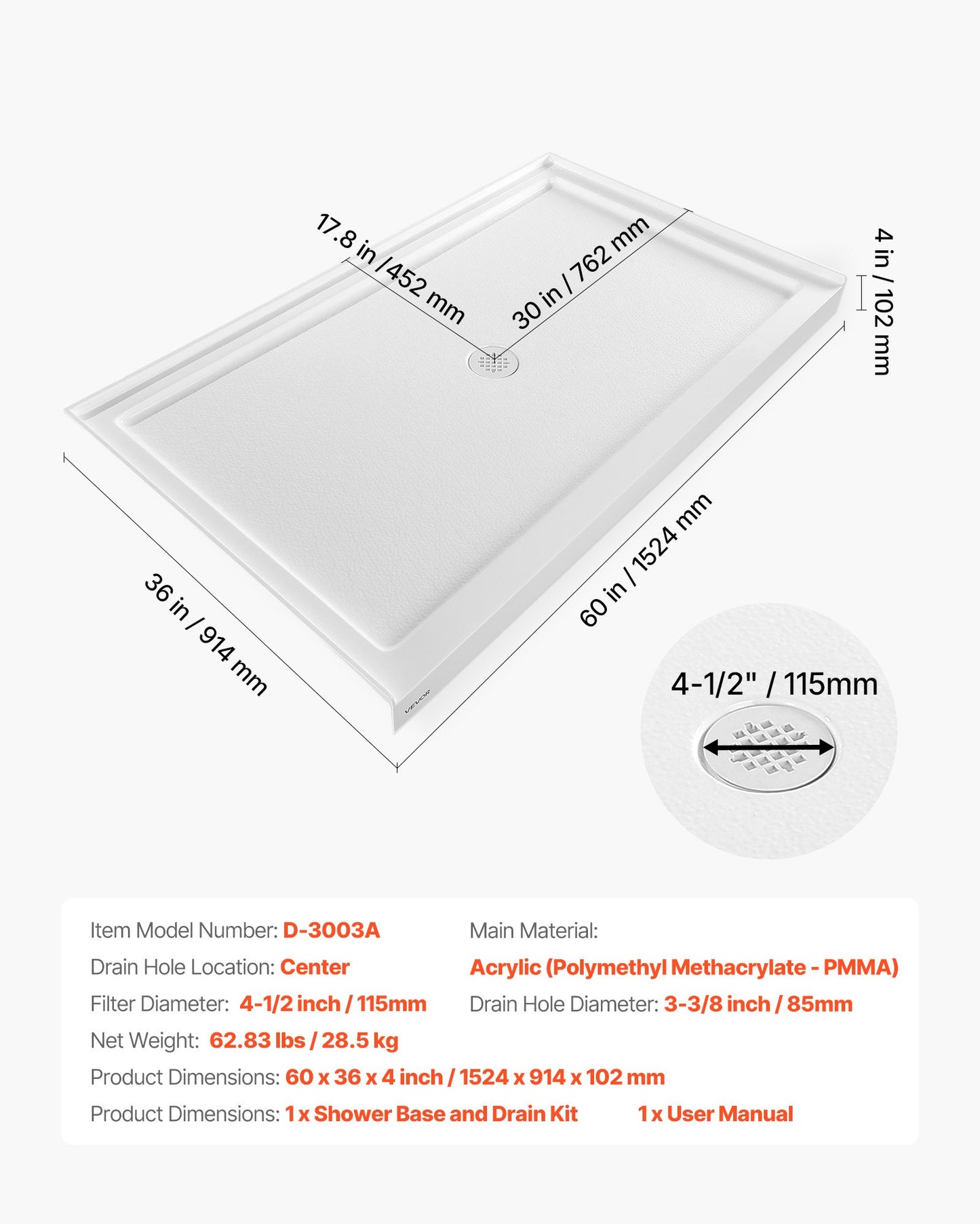 Shower Pan, 60″ L x 36″ W Single Threshold Shower Base, Rectangle Acrylic & PVC Showering Base in White, Slip-Resistant Showering Pan Bases with Drain & Cover for Bathroom, Center Drain Location