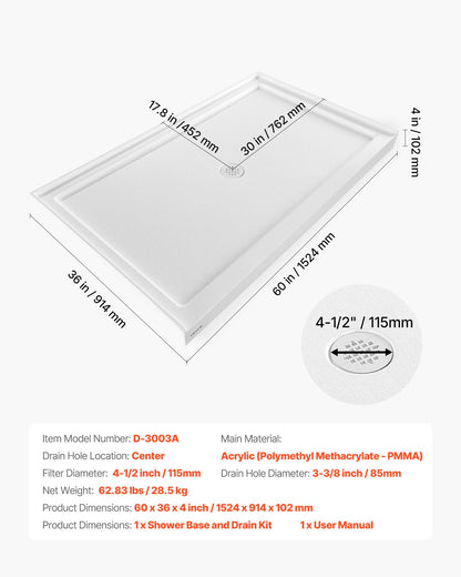 Shower Pan, 60″ L x 36″ W Single Threshold Shower Base, Rectangle Acrylic & PVC Showering Base in White, Slip-Resistant Showering Pan Bases with Drain & Cover for Bathroom, Center Drain Location