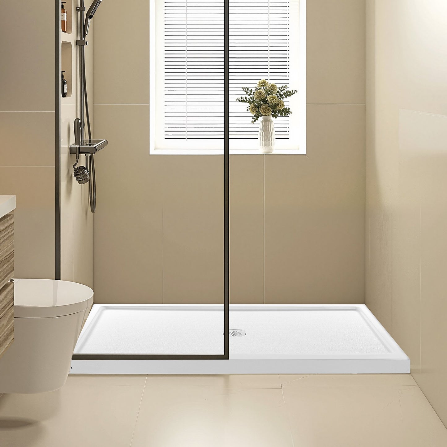 Shower Pan, 60″ L x 36″ W Single Threshold Shower Base, Rectangle Acrylic & PVC Showering Base in White, Slip-Resistant Showering Pan Bases with Drain & Cover for Bathroom, Center Drain Location