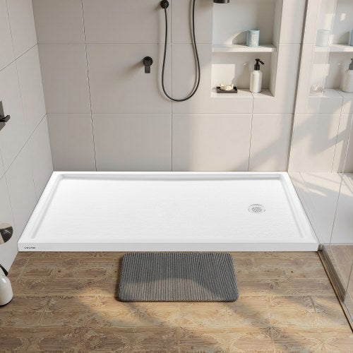 Shower Pan, 60″ L x 36″ W Single Threshold Shower Base, Rectangle Acrylic & PVC Showering Base in White, Slip-Resistant Showering Pan Bases with Drain & Cover for Bathroom, Right Drain Location
