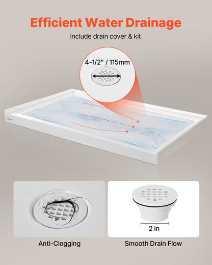 Shower Pan, 60″ L x 36″ W Single Threshold Shower Base, Rectangle Acrylic & PVC Showering Base in White, Slip-Resistant Showering Pan Bases with Drain & Cover for Bathroom, Right Drain Location