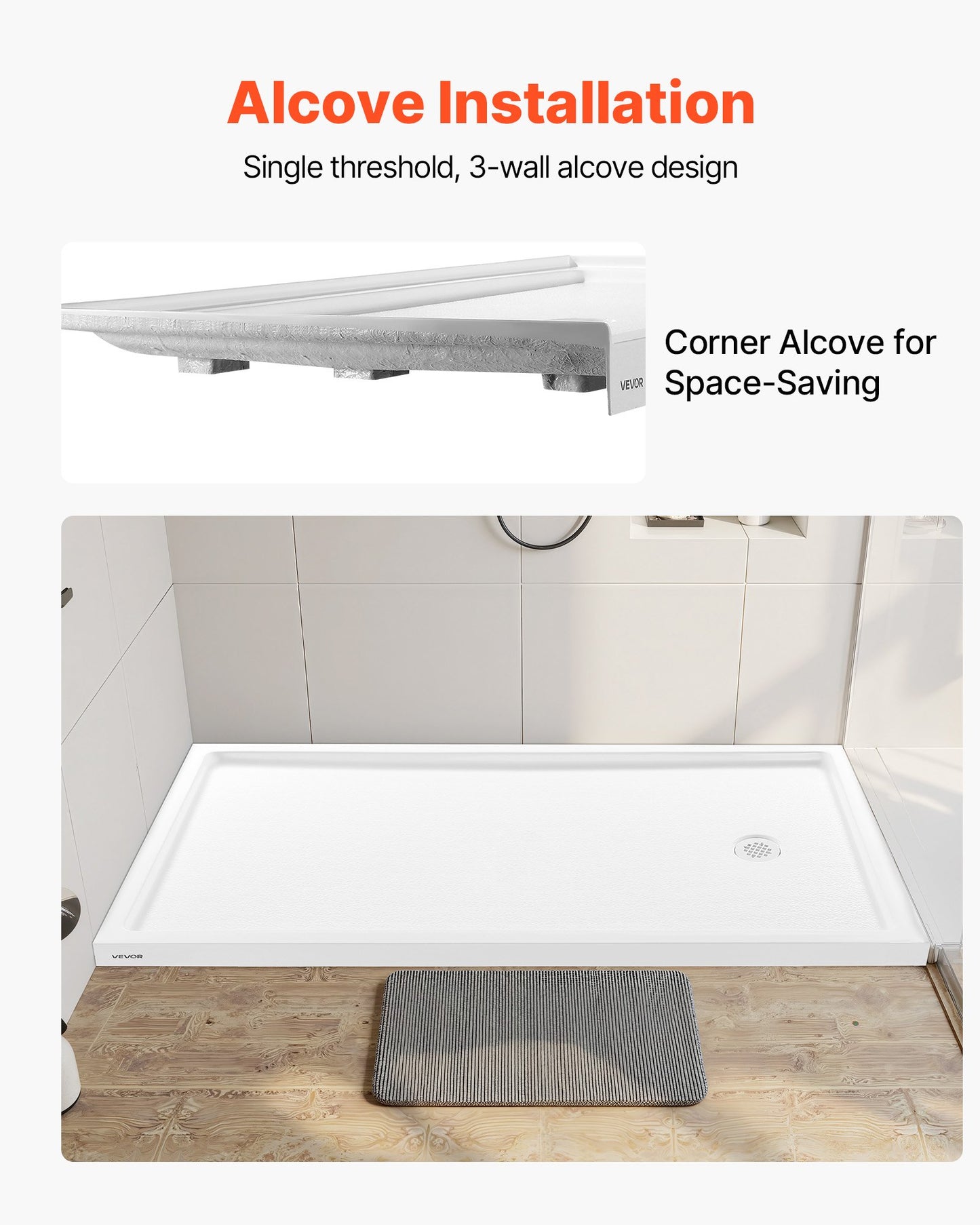 Shower Pan, 60″ L x 36″ W Single Threshold Shower Base, Rectangle Acrylic & PVC Showering Base in White, Slip-Resistant Showering Pan Bases with Drain & Cover for Bathroom, Right Drain Location
