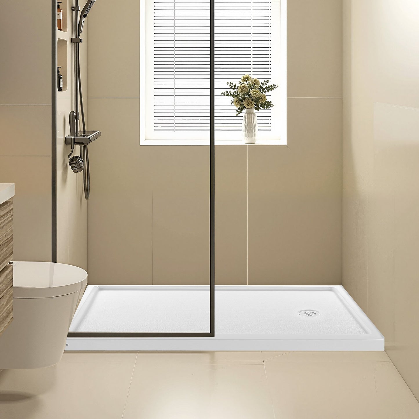 Shower Pan, 60″ L x 36″ W Single Threshold Shower Base, Rectangle Acrylic & PVC Showering Base in White, Slip-Resistant Showering Pan Bases with Drain & Cover for Bathroom, Right Drain Location