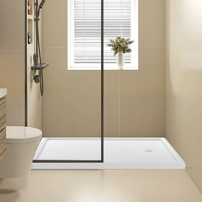 Shower Pan, 60″ L x 36″ W Single Threshold Shower Base, Rectangle Acrylic & PVC Showering Base in White, Slip-Resistant Showering Pan Bases with Drain & Cover for Bathroom, Right Drain Location