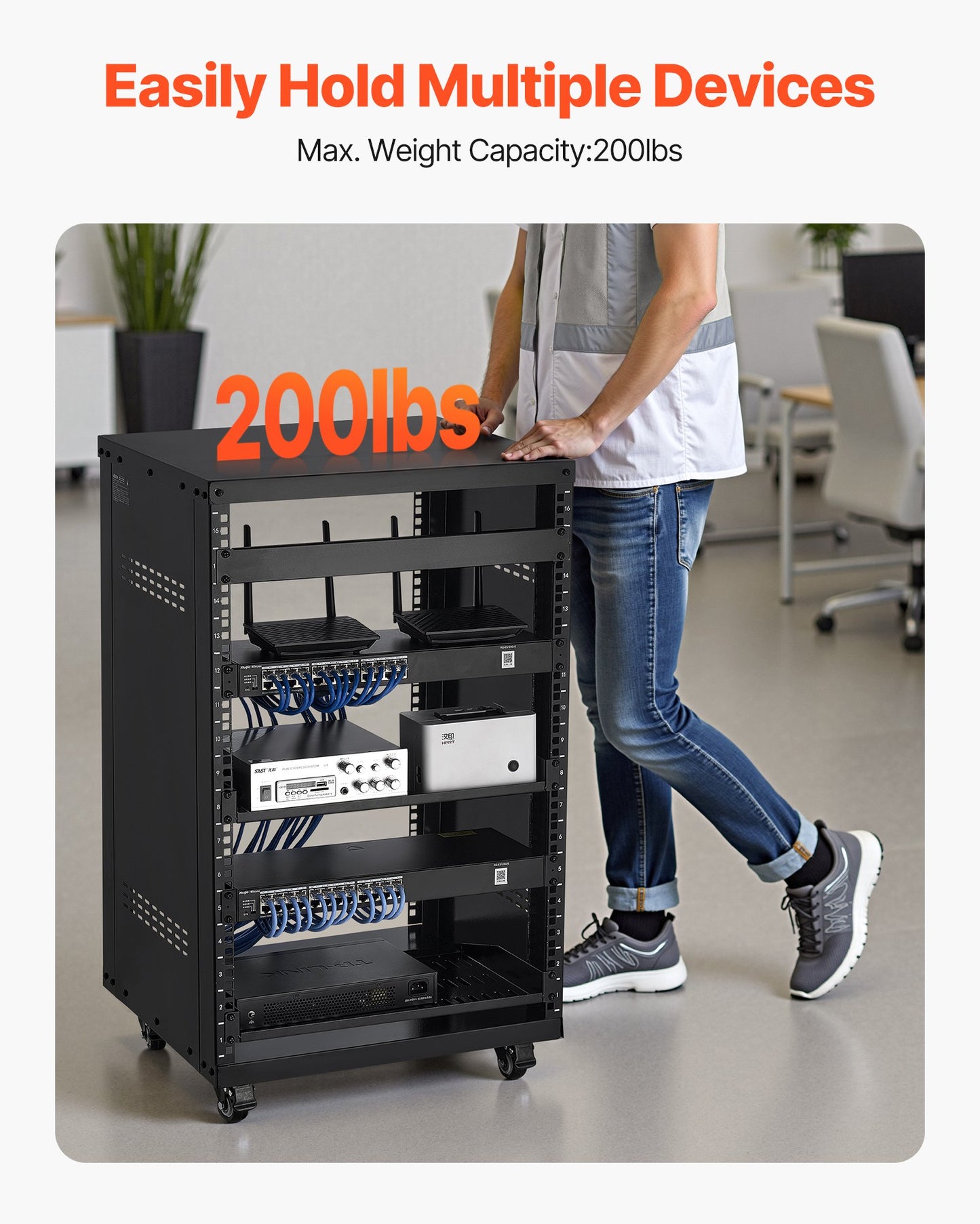 16U AV Rack, 200 lbs Max Capacity, Home Recording Studio Rack with Lockable Caster Wheels, Open Frame Server Cabinet, Special Vent Design, for 19-Inch Audio Video Musical & IT Equipment Mounting