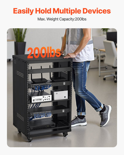 16U AV Rack, 200 lbs Max Capacity, Home Recording Studio Rack with Lockable Caster Wheels, Open Frame Server Cabinet, Special Vent Design, for 19-Inch Audio Video Musical & IT Equipment Mounting