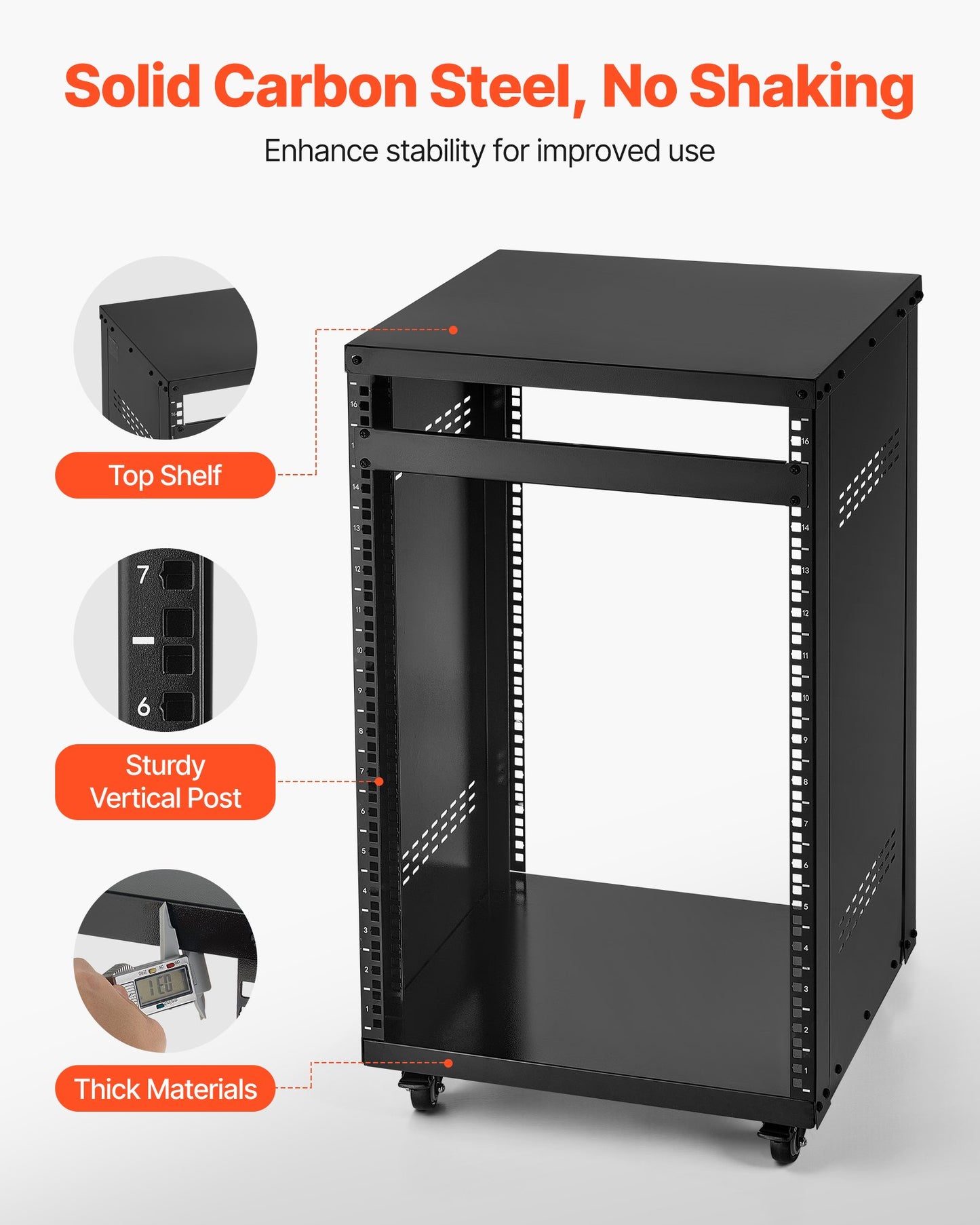 16U AV Rack, 200 lbs Max Capacity, Home Recording Studio Rack with Lockable Caster Wheels, Open Frame Server Cabinet, Special Vent Design, for 19-Inch Audio Video Musical & IT Equipment Mounting