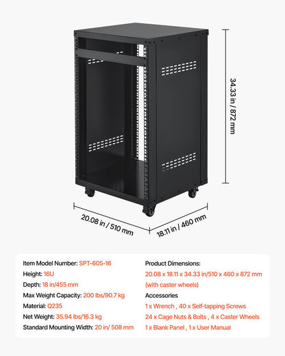 16U AV Rack, 200 lbs Max Capacity, Home Recording Studio Rack with Lockable Caster Wheels, Open Frame Server Cabinet, Special Vent Design, for 19-Inch Audio Video Musical & IT Equipment Mounting