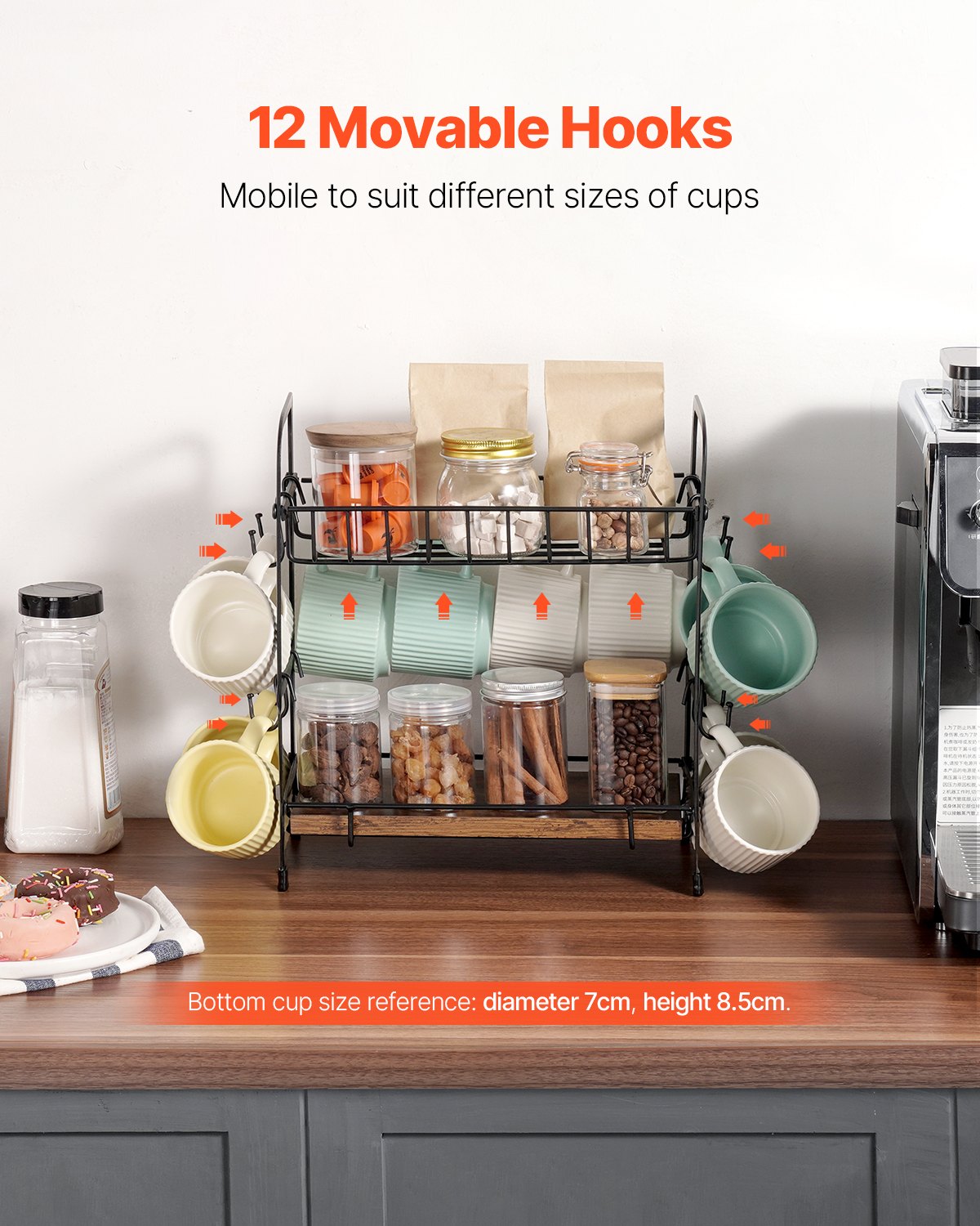 2-vånings kaffebarsorganisator för bänkskiva med 12 rörliga krokar mugghållare