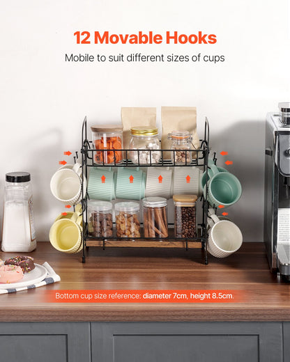 2-vånings kaffebarsorganisator för bänkskiva med 12 rörliga krokar mugghållare