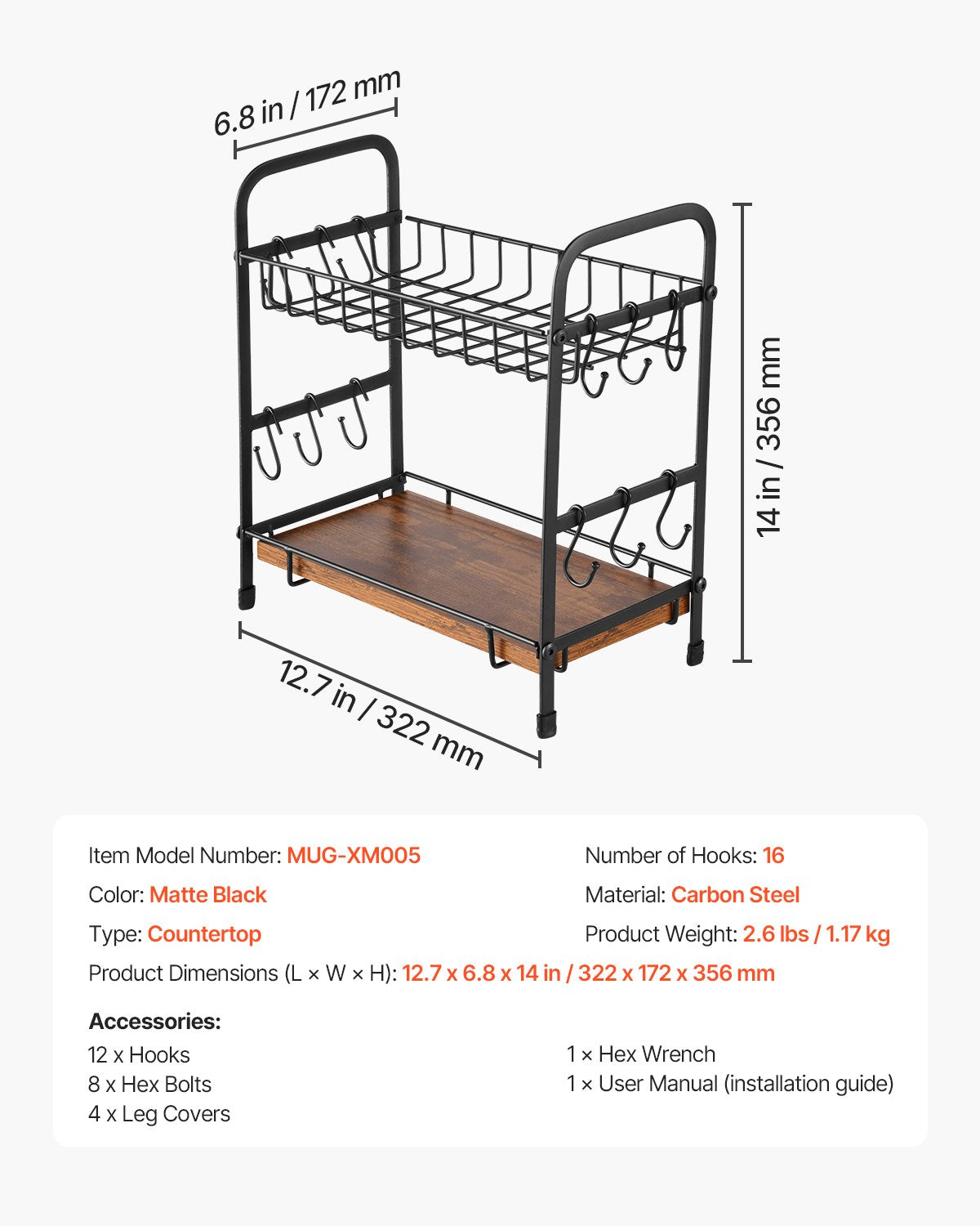 2-vånings kaffebarsorganisator för bänkskiva med 12 rörliga krokar mugghållare