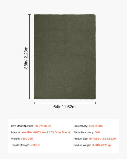 Wool Camping Blanket, Large Warm Stadium Blanket, Waterproof & Windproof, Flame Retardant, Great for Outdoors, Picnics, Hiking, Sports Events, Travel, 64" x 88" (80% Wool), Army Green