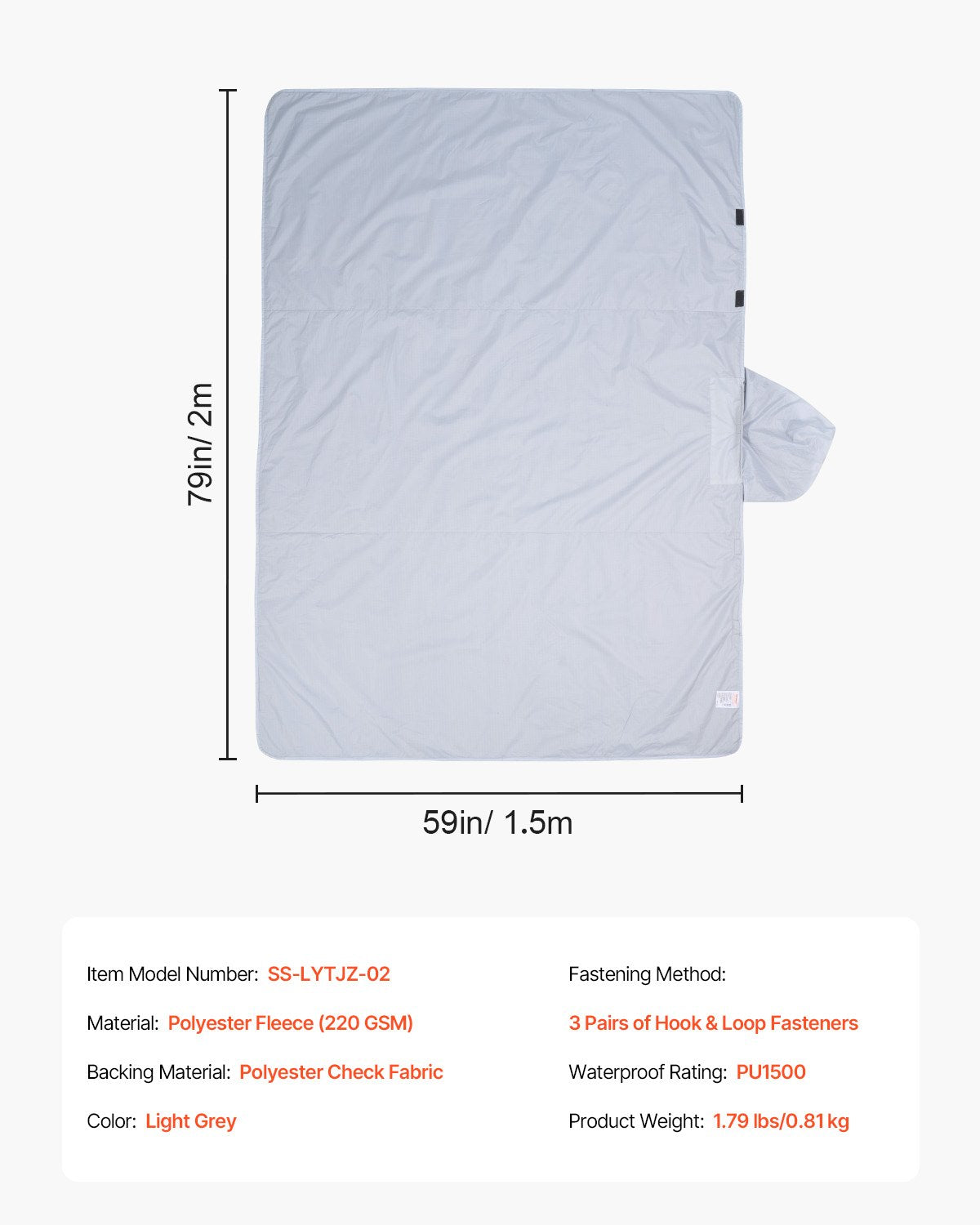 Camping Blanket, Large Warm Wearable Stadium Blanket, Waterproof & Windproof, Polyester Fleece, Flame Retardant, Great for Outdoors, Picnics, Hiking, Sports Events, Travel, 79" x 59", Light Grey