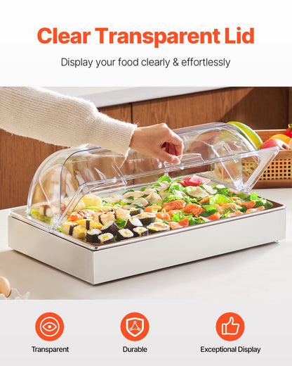 Countertop Food Serving Display Container, 1 x 1 Pan Stainless Steel Food Serving Tray, Buffet Condiment Dispenser Display Rack with Clear Lid & 3 Ice Trays, for Restaurant Hotel Kitchen Party
