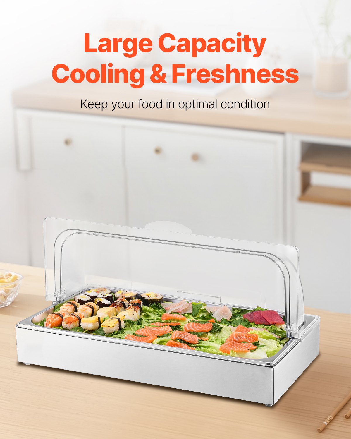 Countertop Food Serving Display Container, 1 x 1 Pan Stainless Steel Food Serving Tray, Buffet Condiment Dispenser Display Rack with Clear Lid & 3 Ice Trays, for Restaurant Hotel Kitchen Party