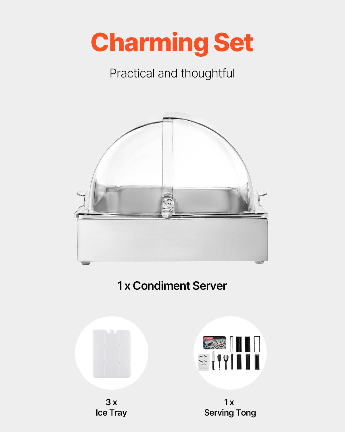 Countertop Food Serving Display Container, 1 x 1 Pan Stainless Steel Food Serving Tray, Buffet Condiment Dispenser Display Rack with Clear Lid & 3 Ice Trays, for Restaurant Hotel Kitchen Party