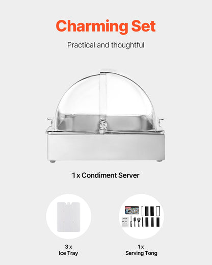 Countertop Food Serving Display Container, 1 x 1 Pan Stainless Steel Food Serving Tray, Buffet Condiment Dispenser Display Rack with Clear Lid & 3 Ice Trays, for Restaurant Hotel Kitchen Party