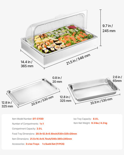 Countertop Food Serving Display Container, 1 x 1 Pan Stainless Steel Food Serving Tray, Buffet Condiment Dispenser Display Rack with Clear Lid & 3 Ice Trays, for Restaurant Hotel Kitchen Party