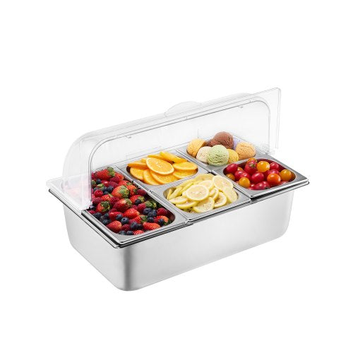 Countertop Food Serving Display Container, 5 Pan Stainless Steel Food Serving Tray, Buffet Condiment Dispenser Display Rack with Clear Lid & 3 Freezer Boxes, for Restaurant Hotel Kitchen Party
