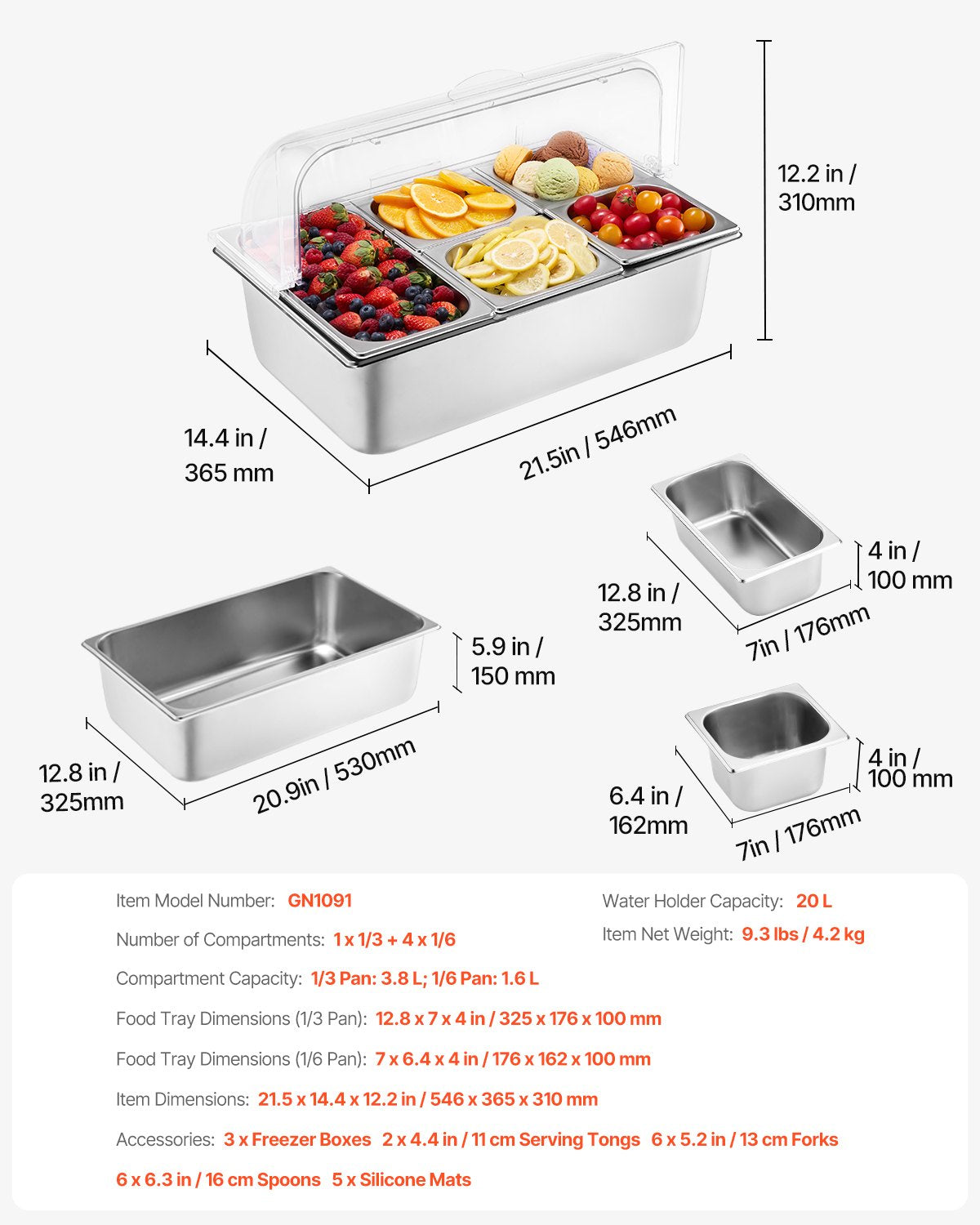 Countertop Food Serving Display Container, 5 Pan Stainless Steel Food Serving Tray, Buffet Condiment Dispenser Display Rack with Clear Lid & 3 Freezer Boxes, for Restaurant Hotel Kitchen Party