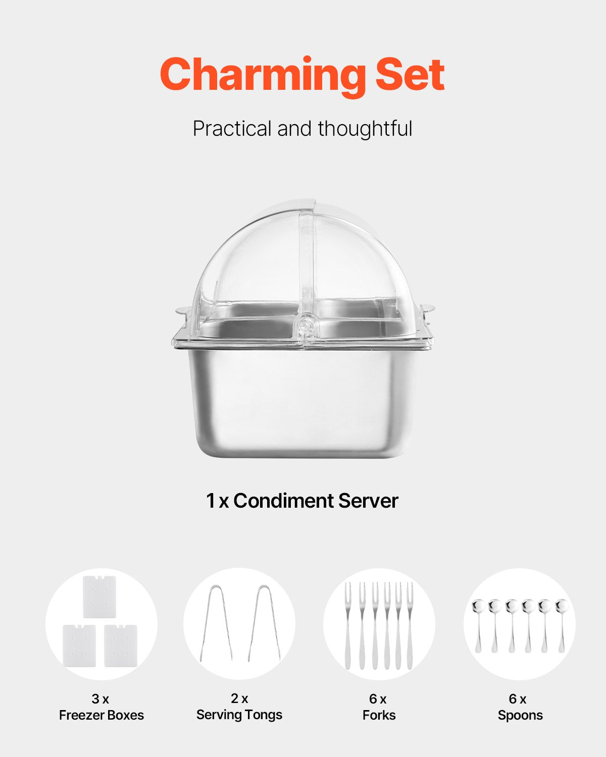 Servierbehälter für Lebensmittel auf der Arbeitsplatte, 4 Pfannen, Gewürzspender, Tablett