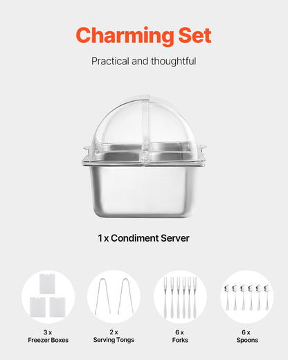 Servierbehälter für Lebensmittel auf der Arbeitsplatte, 4 Pfannen, Gewürzspender, Tablett