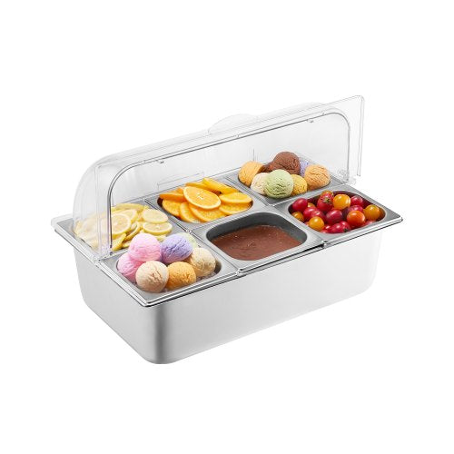 Countertop Food Serving Display Container, 6 Pan Stainless Steel Food Serving Tray, Buffet Condiment Dispenser Display Rack with Clear Lid & 3 Freezer Boxes, for Restaurant Hotel Kitchen Party