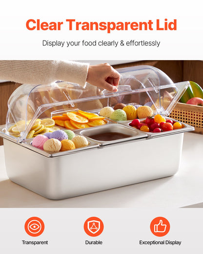Countertop Food Serving Display Container, 6 Pan Stainless Steel Food Serving Tray, Buffet Condiment Dispenser Display Rack with Clear Lid & 3 Freezer Boxes, for Restaurant Hotel Kitchen Party