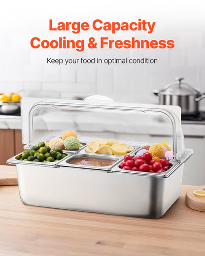 Countertop Food Serving Display Container, 6 Pan Stainless Steel Food Serving Tray, Buffet Condiment Dispenser Display Rack with Clear Lid & 3 Freezer Boxes, for Restaurant Hotel Kitchen Party