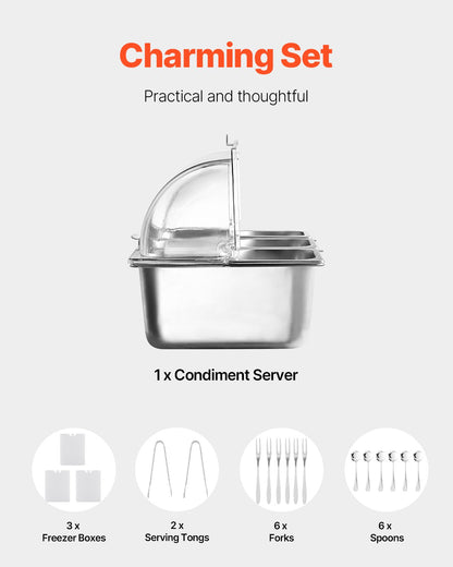 Countertop Food Serving Display Container, 6 Pan Stainless Steel Food Serving Tray, Buffet Condiment Dispenser Display Rack with Clear Lid & 3 Freezer Boxes, for Restaurant Hotel Kitchen Party