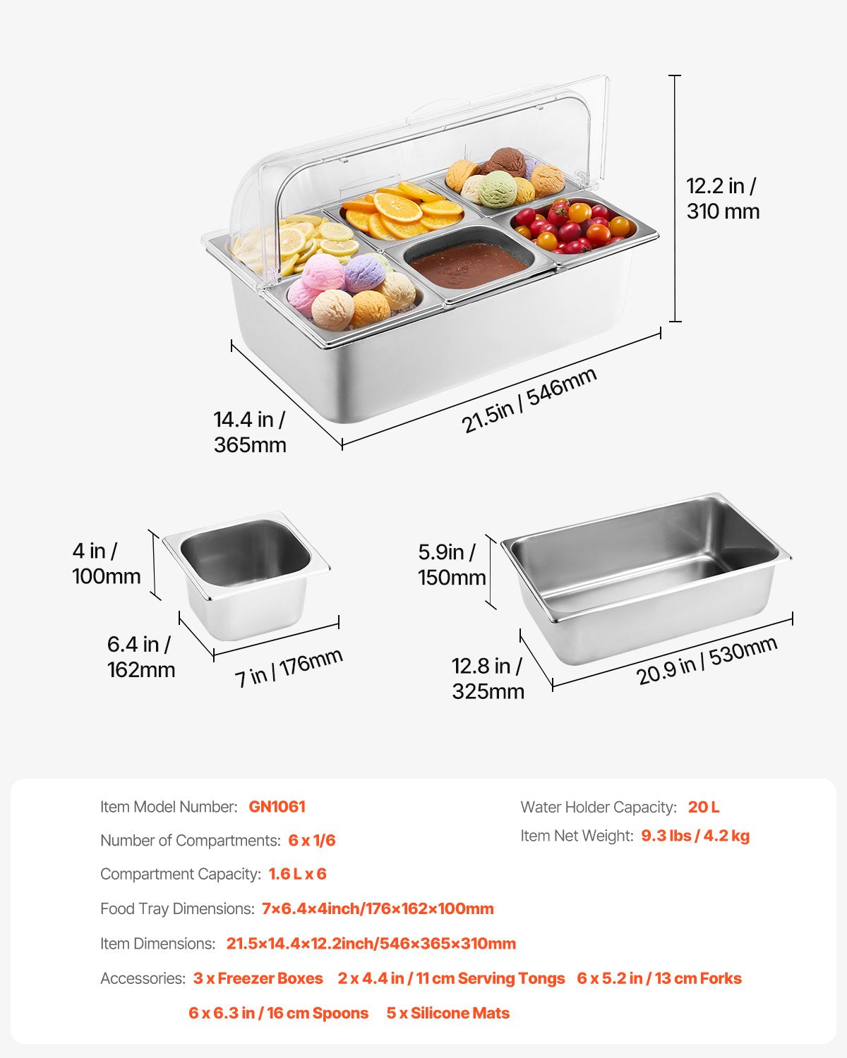 Countertop Food Serving Display Container, 6 Pan Stainless Steel Food Serving Tray, Buffet Condiment Dispenser Display Rack with Clear Lid & 3 Freezer Boxes, for Restaurant Hotel Kitchen Party
