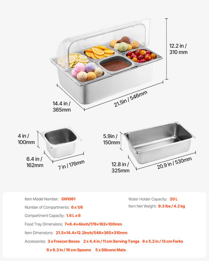Countertop Food Serving Display Container, 6 Pan Stainless Steel Food Serving Tray, Buffet Condiment Dispenser Display Rack with Clear Lid & 3 Freezer Boxes, for Restaurant Hotel Kitchen Party