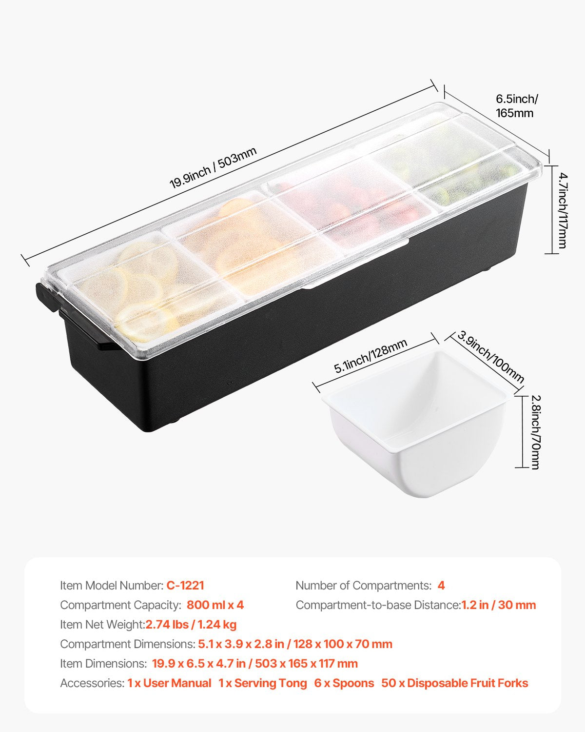 Refrigerated spice server 4 compartment cold serving tray with transparent lid