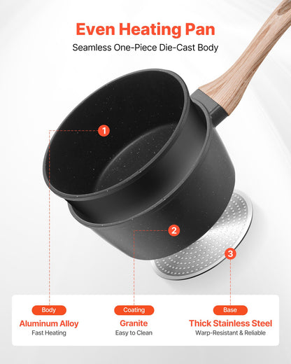 1.5 QT Saucepan, Nonstick Saucepan with Tempered Glass Lid, Multipurpose Cooking Sauce Pot with Detachable Handle, Sauce Pan Small Kitchen Cooking Pot with Coating, Induction Compatible, Black