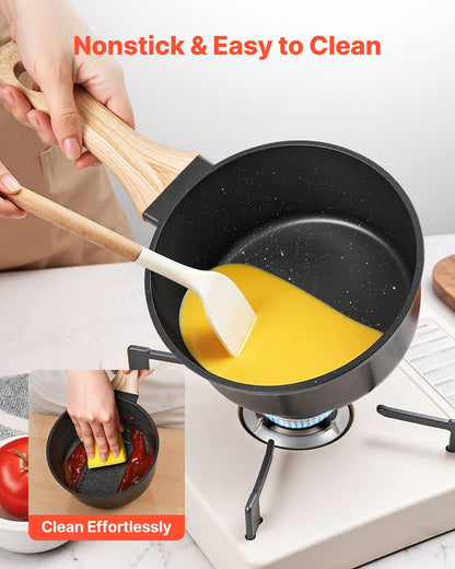 1.5 QT Saucepan, Nonstick Saucepan with Tempered Glass Lid, Multipurpose Cooking Sauce Pot with Detachable Handle, Sauce Pan Small Kitchen Cooking Pot with Coating, Induction Compatible, Black