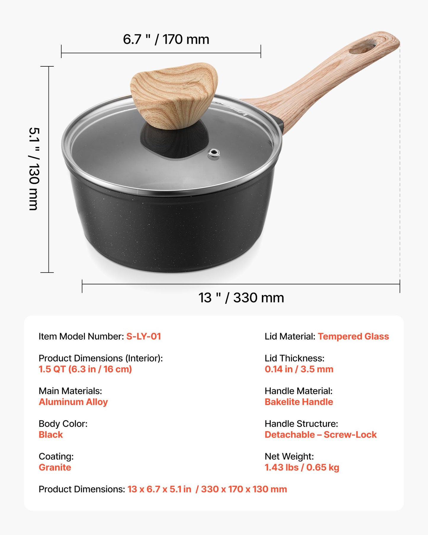 1.5 QT Saucepan, Nonstick Saucepan with Tempered Glass Lid, Multipurpose Cooking Sauce Pot with Detachable Handle, Sauce Pan Small Kitchen Cooking Pot with Coating, Induction Compatible, Black