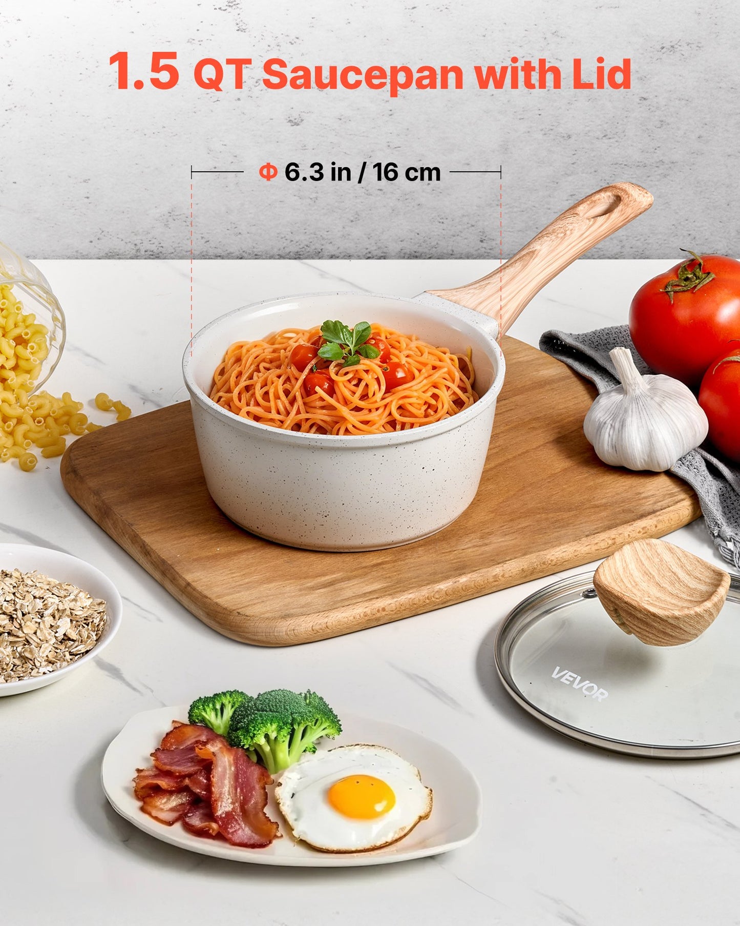 1.5 QT Saucepan, Nonstick Saucepan with Tempered Glass Lid, Multipurpose Cooking Sauce Pot with Detachable Handle, Sauce Pan Small Kitchen Cooking Pot with Coating, Induction Compatible, White