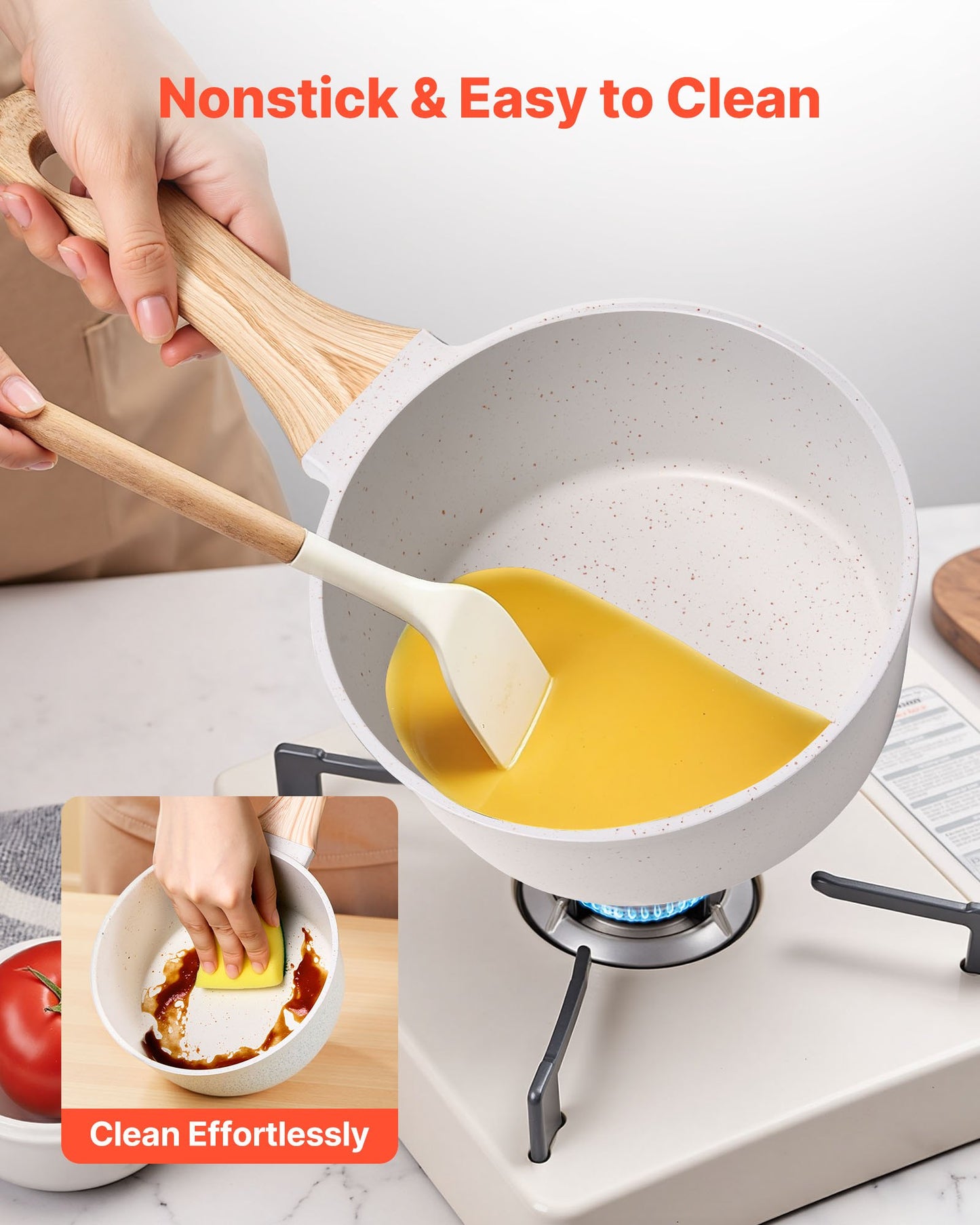 1.5 QT Saucepan, Nonstick Saucepan with Tempered Glass Lid, Multipurpose Cooking Sauce Pot with Detachable Handle, Sauce Pan Small Kitchen Cooking Pot with Coating, Induction Compatible, White
