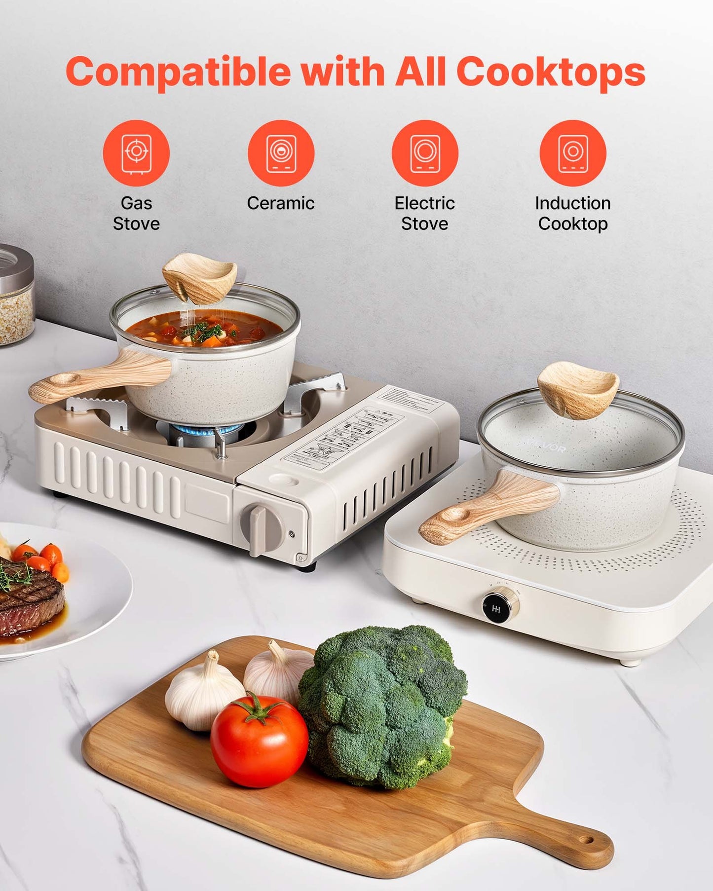 1.5 QT Saucepan, Nonstick Saucepan with Tempered Glass Lid, Multipurpose Cooking Sauce Pot with Detachable Handle, Sauce Pan Small Kitchen Cooking Pot with Coating, Induction Compatible, White