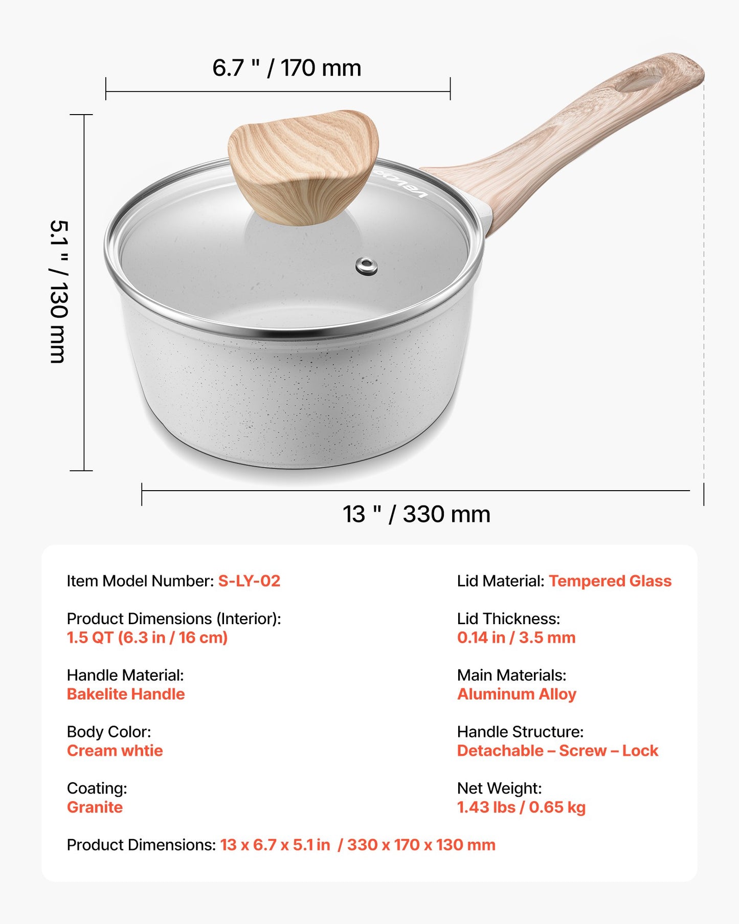 1.5 QT Saucepan, Nonstick Saucepan with Tempered Glass Lid, Multipurpose Cooking Sauce Pot with Detachable Handle, Sauce Pan Small Kitchen Cooking Pot with Coating, Induction Compatible, White