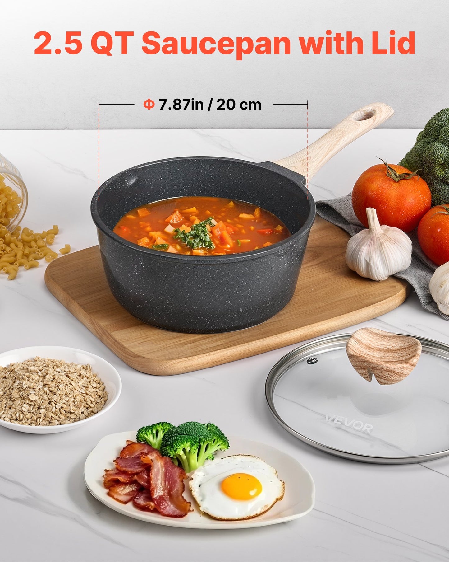2.5 QT Saucepan, Nonstick Saucepan with Tempered Glass Lid, Multipurpose Cooking Sauce Pot with Detachable Handle, Sauce Pan Small Kitchen Cooking Pot with Coating, Induction Compatible, Black