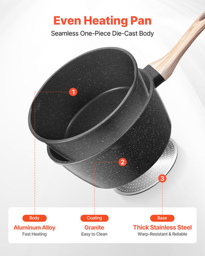 2.5 QT Saucepan, Nonstick Saucepan with Tempered Glass Lid, Multipurpose Cooking Sauce Pot with Detachable Handle, Sauce Pan Small Kitchen Cooking Pot with Coating, Induction Compatible, Black