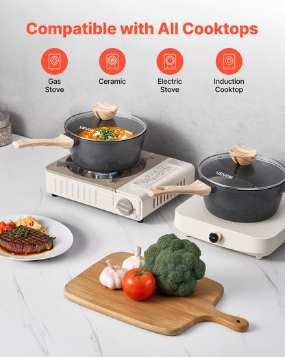 2.5 QT Saucepan, Nonstick Saucepan with Tempered Glass Lid, Multipurpose Cooking Sauce Pot with Detachable Handle, Sauce Pan Small Kitchen Cooking Pot with Coating, Induction Compatible, Black