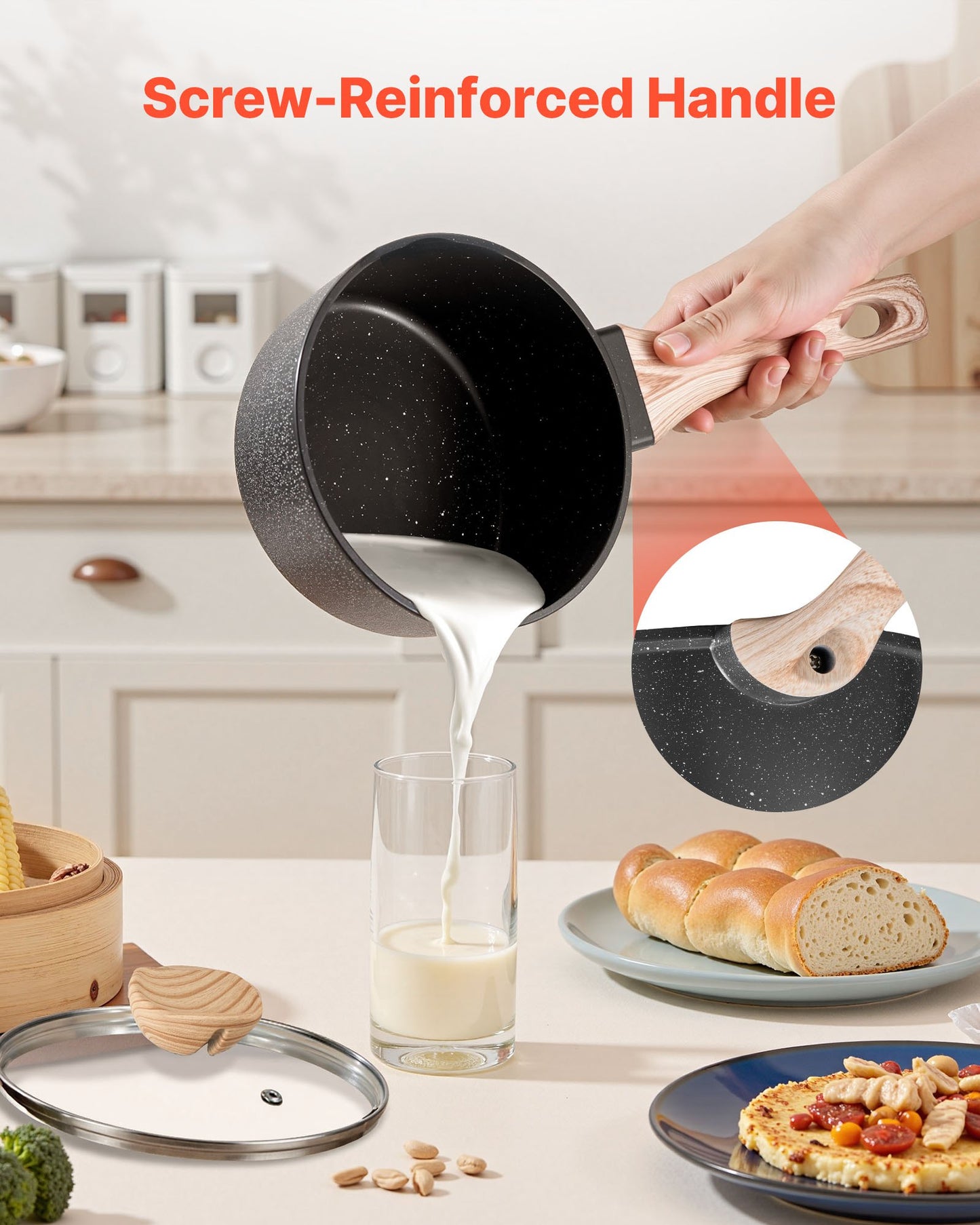 2.5 QT Saucepan, Nonstick Saucepan with Tempered Glass Lid, Multipurpose Cooking Sauce Pot with Detachable Handle, Sauce Pan Small Kitchen Cooking Pot with Coating, Induction Compatible, Black