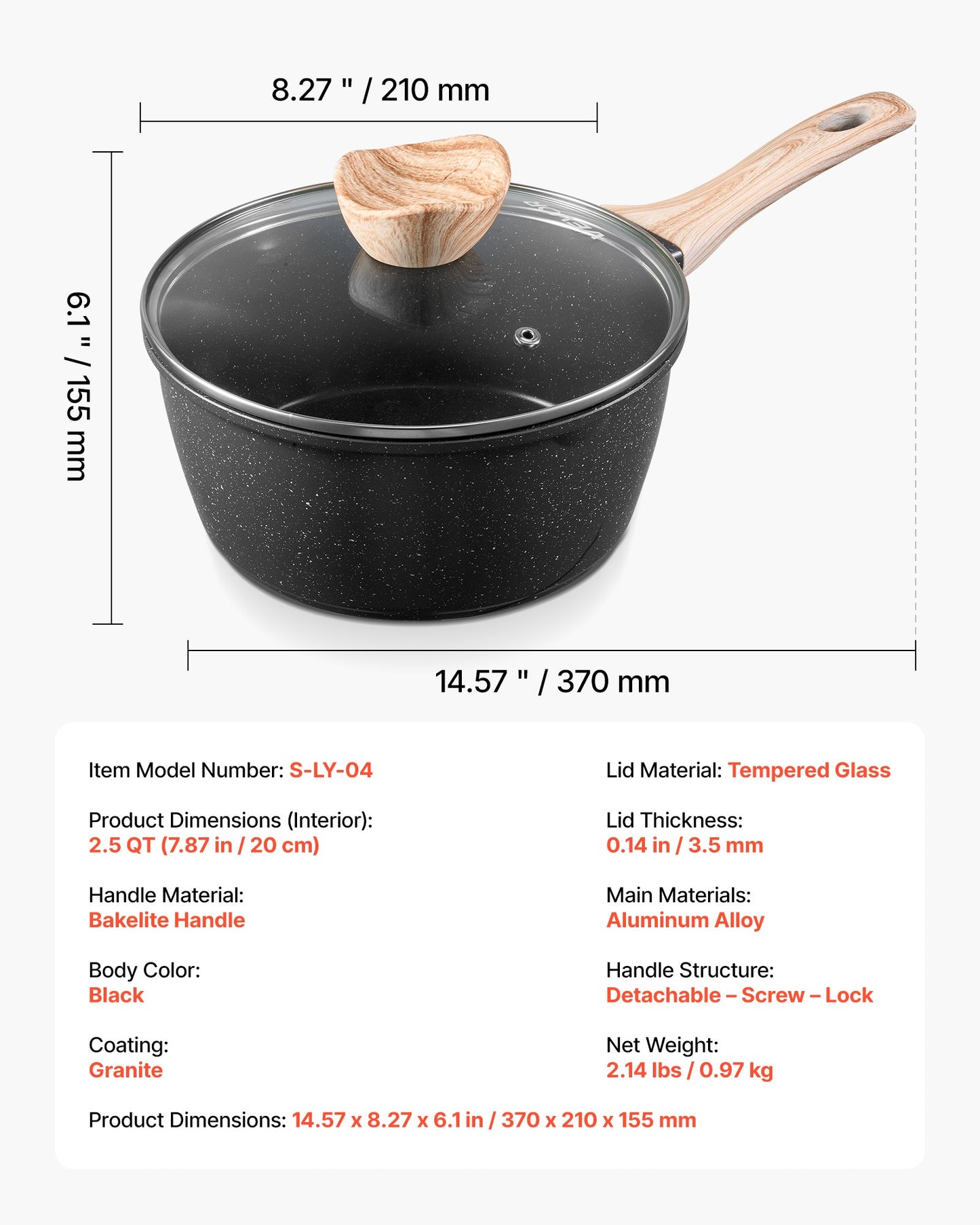2.5 QT Saucepan, Nonstick Saucepan with Tempered Glass Lid, Multipurpose Cooking Sauce Pot with Detachable Handle, Sauce Pan Small Kitchen Cooking Pot with Coating, Induction Compatible, Black