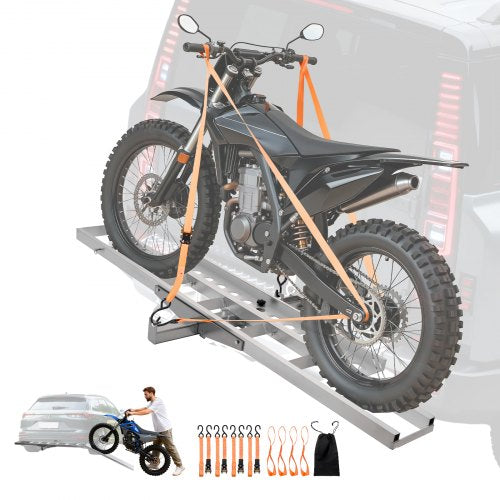 Motorcycle Carrier, 400 lbs Capacity, Heavy Duty Aluminum Hitch Mount Rack with 47in Loading Ramp, Straps & Stabilizer, Scooter Dirt Bike Trailer Hauler for Car Truck with 2-Inch Hitch Receiver
